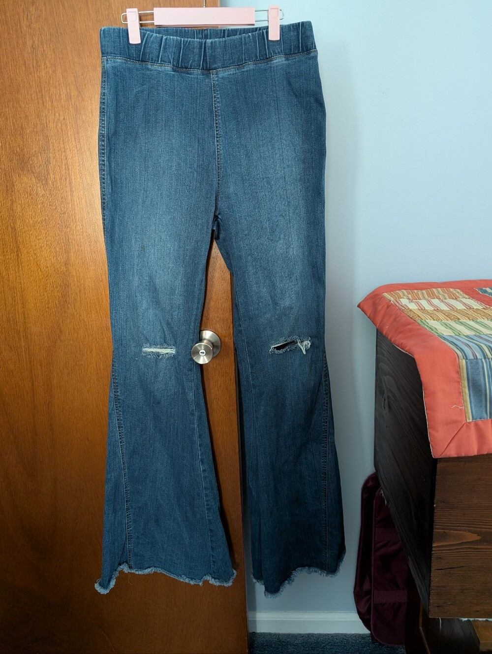 American Bazi Women’s Blue Distressed Flare Jeans Stretchy Waist Size L